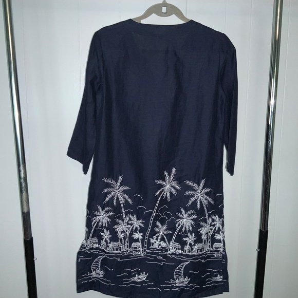 Talbots Navy Blue Embroidered Beaded Linen Shift Dress Size XS tropical beach - Picture 6 of 9